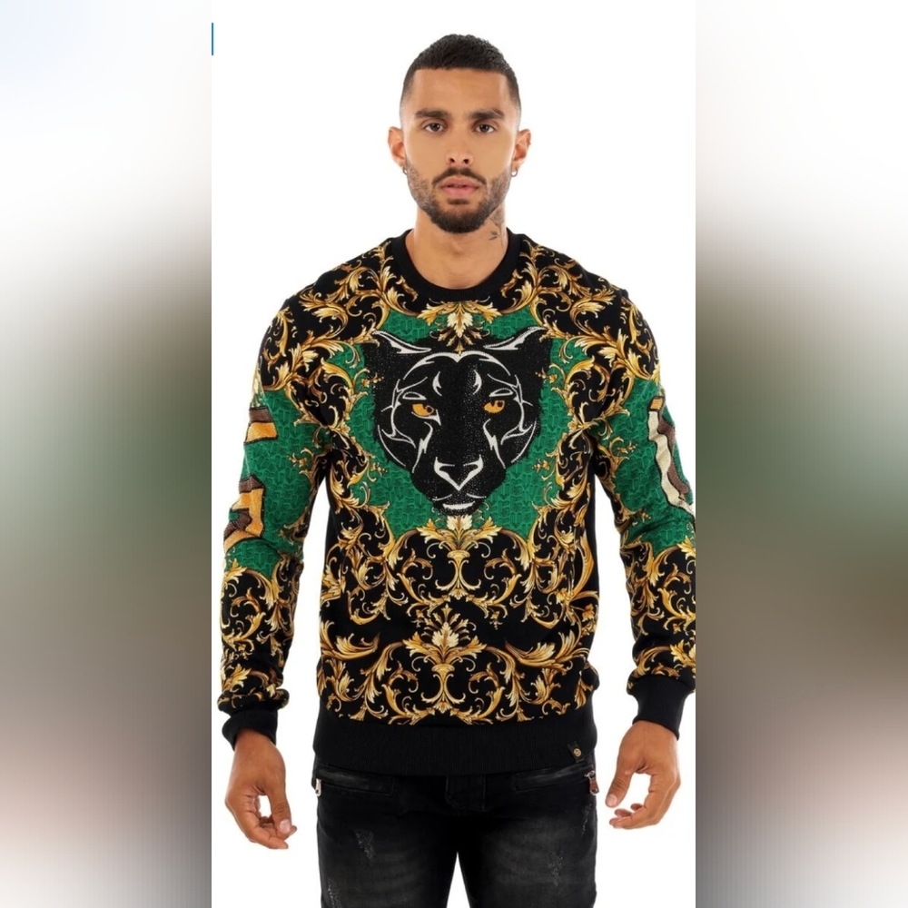 George V Baroque Paris Long Sleeve Sweater Green/Black/Gold Rhinestone Black cat